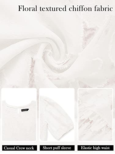 Merokeety Women's Summer Puff Sleeve Smocked Floral Dress Crewneck Lace Flowy Tiered Midi Dresses,White,M #TOP4