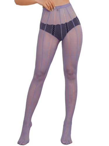 ShawGobow Sexy Striped Tights High Waisted Fishnet Stockings For Women Rave Club Night Steampunk Costume Lilac Purple