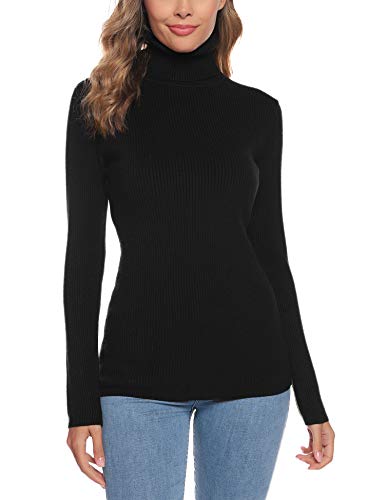 Aibrou Su�ter de Cuello Alto para Mujer, Prendas de Punto de Manga Larga el�sticas Suaves, livianas y s�lidas Jersey con Raya de Diamantes Negro S