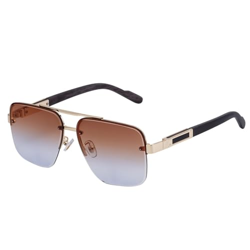 Lunettes de soleil pour hommes carrées vintage sans monture métal marron bleu