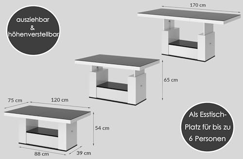 designimpex HM-111 Couchtisch Grau Hochglanz/Weiß Hochglanz ausziehbar höhenverstellbar 120/170cm Schublade modern Wohnzimmertisch Esstisch Beistelltisch Sofatisch platzsparend hochwertig Wohnzimmer – Bild 3