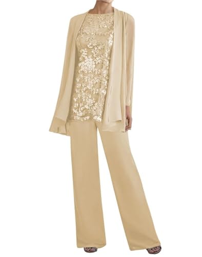 Image of 3 Pieces Mother of The Bride Dresses Pant Suits - Lace Chiffon Long Sleeve Grandmother Dresses with Jacket
