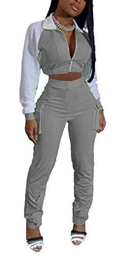 Women Color Block Tracksuit Casual - 2 Piece Outfits Long Sleeve Full Zip Jacket and Pants Set Sweatsuits Grey 1X
