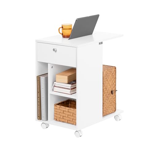SoBuy Mesa Auxiliar con Ruedas, mesita de Noche, Mesa Auxiliar con 1 cajón y 3 Compartimentos Abiertos, en Forma de C, 50 x 36 x 62 cm, Blanco, FBT148-W