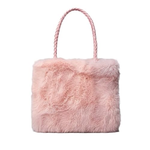 Womens Plush Faux Fur Handbag Soft Fluffy Polyester Fibre Tote Bag with Zipper Closure Lightweight Shoulder & Hand Carry Stylish Fashion Accessory for Shopping Travel & Casual Wear - Pink