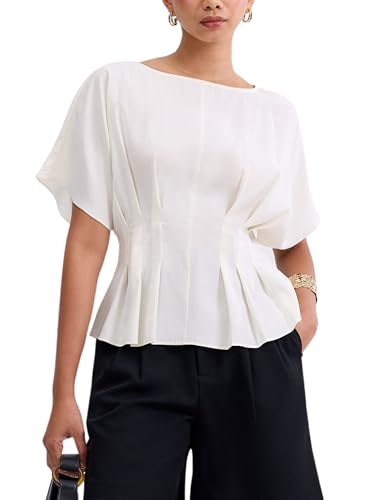 Zhiyouni Womens Summer Peplum Tops Short Sleeves Crewneck Dressy Casuak Babydoll T-Shirt Blouse(White-M)