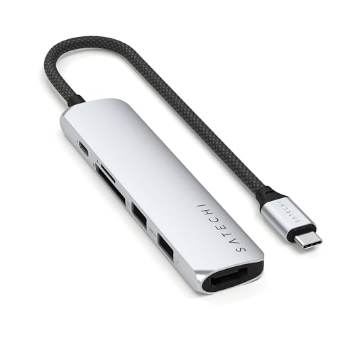 Hub USB C Slim Plus Satechi 6-en-1 avec HDMI 4K 60Hz et charge PD 100W argent pour MacBook Pro