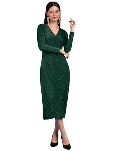 Image of SAFFE Women's Stylish Casual Evening Textured Full Sleeve V-Neck Bodycon Body Fitted Midi Dress, Maroon