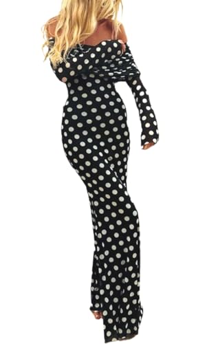 Polka Dot Maxi Dress for Women Long Sleeve Off The Shoulder Maxi Dresses Sexy Mesh Party Dress Going Out