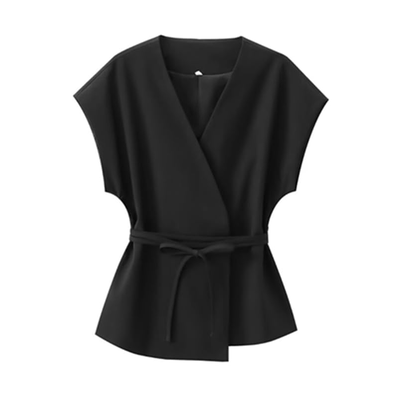 French Minimalist Solid Color Sleeveless Suit Jacket Blazer Women with Sashes (US, Alpha, Medium, Regular, Regular, Black)