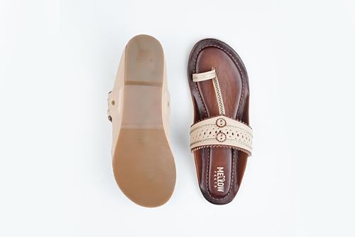 Image of Women's Kolhapuri Sandals - Handcrafted Leather Flats Chappals with Toe Ring, Comfortable Slip-On Ethnic Footwear with Embroidery & TPR Leather Sole