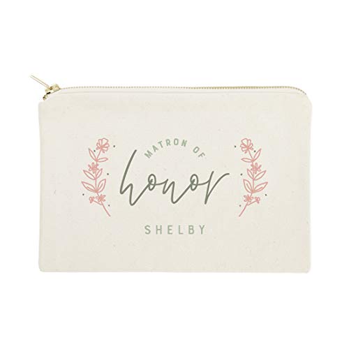 The Cotton & Canvas Co. Personalized Name Floral Matron of Honor Wedding Cosmetic Bag, Bridal Party Gift and Travel Make Up Pouch