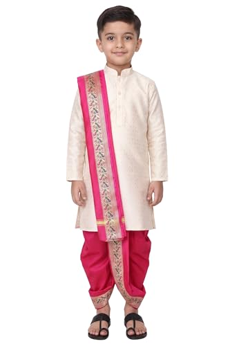 Image of Boys Dhoti Kurta Set Sherwani Style for Kids | Ethnic Traditional Kids Wear with Patiala Dhoti & Dupatta | Wedding Dress for Boys | Indian Cultural Outfit for Puja Festival Party
