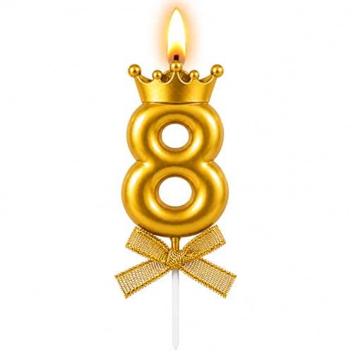 Image of Number 8 Unscented Candle with Crown for Birthday, Wedding, Valentines Day Celebration, Bridal Shower, Bachelorette Cake Topper for Decoration, 1 pc, Gold
