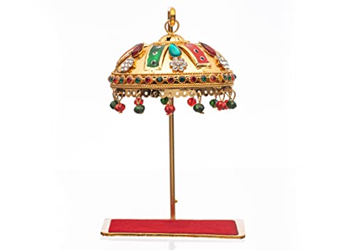 Image of Metal Chhatra Umbrella with Hanging Crystals - Decorative Chatri Aasan for God Idol, Car Dashboard, Office Desk, Table, or Home Mandir Showpiece (M 33)