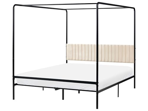 Beliani Metallbett Himmelbett schwarz mit Polsterkopfteil beige Metallrost 160x200 cm Mirabeau