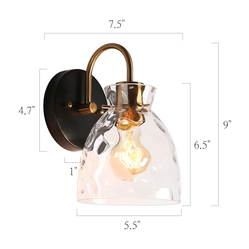 Image of KSANA Mid-Century Modern Wall Sconce, 1 Light Black and Electroplated Copper Sconce Wall Light with Textured Glass Bathroom Wall Lamps for Bedroom Living Room Kitchen