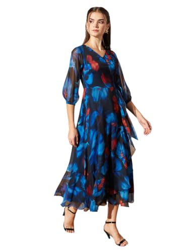 Image of Miss Chase Women's Multicolored Black Floral V-Neck 3 /4 Sleeve Wrap Chiffon Midi Dress