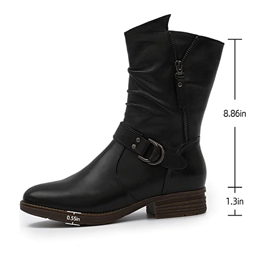 Mona flying Women's Comfort Mid Calf Leather Booties Inside zip Fashion Round Toe Biker Boots Low Heel Dress Engineer Boots2