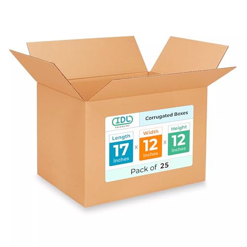 Medium Shipping &amp; Moving Boxes 17"L x 12"W x 12"H (25-Pack) - Extra Strength 200 lb vs Regular - Corrugated Cardboard Box, Made in USA - Medium Moving Box - Packing Box by IDL Packaging