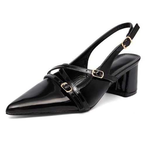 Women's Chunky Heels Slingback Pumps with Buckle Strap Closed Pointed Toe Comfortable Slip-on Low Block Heels Sandals Wedding Party Work Dress Shoes