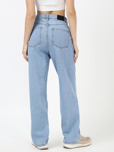 Image of Bewakoof Women's 100% Cotton Straight Fit Jeans | Jeans for Woman | Pants for Woman | Classic Denim Pants | Everyday Casual | Utility Streetwear | Lightweight & Flexible | Straight Pants for Women