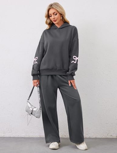 Livtany Women's 2 Piece Outfits Bow Trim Print Hoodie Sweatsuit Sets Oversized Sweatshirt Wide Leg Sweatpants With Pockets2