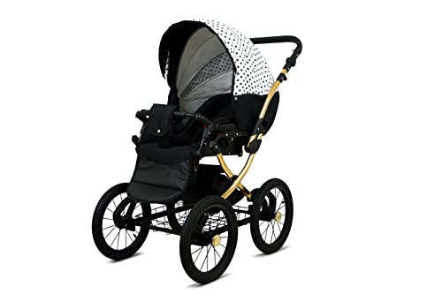 BabyLux Margaret Gold 4 in 1 Reisesystem Retro| Fuß + Schweißer + Auto Sessel mit Zubehör + ISOFIX, Regenschutz 14" Pompes | Schwarz Punkte