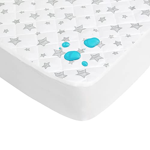 Image of Crib Mattress Pad Protector Waterproof, Quilted Crib Mattress Pad Cover 52'' x 28'' Extra Soft Breathable Toddler Bed Cover Fitted Crib/Toddler Mattress Stretch Up to 8", White Star