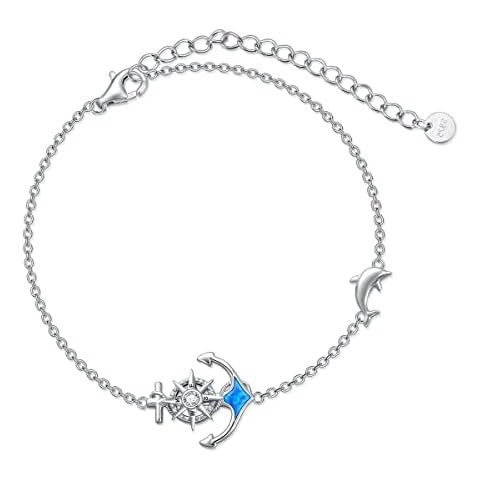 RMREWY Compass Anchor Bracelet 925 Sterling Silver Dolphin Ankle Bracelet Nautical Sailor Graduation Jewelry for Women Best Friends, Silver, silver Cover
