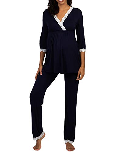 Image of Womens Cotton Maternity Pregnancy Soft Nursing Pajama Sets Sleepwear Long Sleeves for delivery Breastfeeding in Hospital