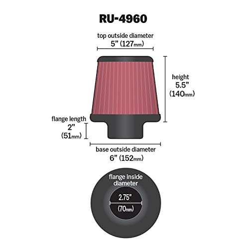 Image of K&N High-Flow Original Lifetime Universal Clamp-On Air Filter: High Performance, Premium, Washable: Flange Diameter: 2.75 In, Filter Height: 5.5 In, Flange Length: 2 In, Shape: Round Tapered, RU-4960