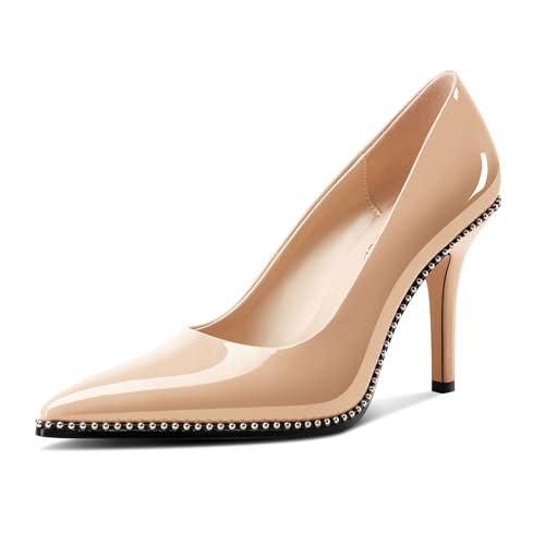 Image of TNYNFBEB Womens Stiletto Mid Heel Pointed Toe Pumps Slip-on Sliver Beaded Prom Wedding Dress Basic Classic Patent Leather 3.5 Inches Heels