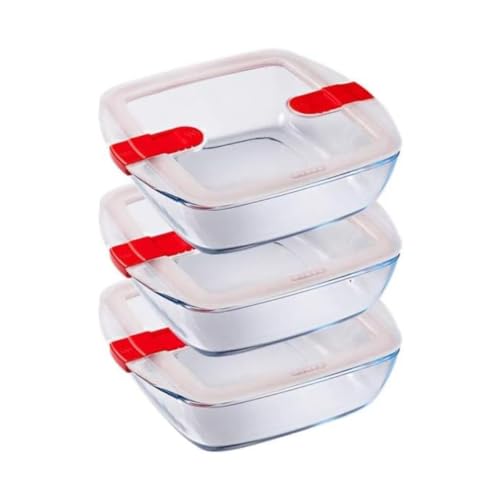 Pyrex Cook & Heat - Lot de 3 Boites Carrées Identiques - 1L - Verre Borosilicate - LunchBox - Couvercle Hérmétique spécial Micro-Onde - Made in France