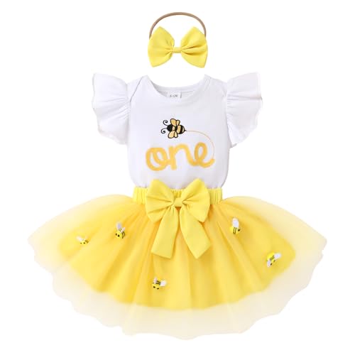 HAPPYMA Baby Girls One 1st Birthday Outfit Bee Sunflower Romper Tulle Tutu Skirt Sequin Bow Party Clothes SetEmbroidery Bee 18-24 Months