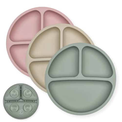Image of Hippypotamus Toddler Plates with Suction - Baby Plates - 100% Food-Grade Silicone Divided Plates - BPA Free - Dishwasher Safe - Set of 3 (Sage/Blush/Nude)