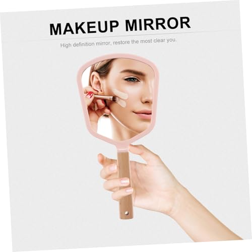 Espejo de maquillaje portátil con mango de madera rosa miniatura 6