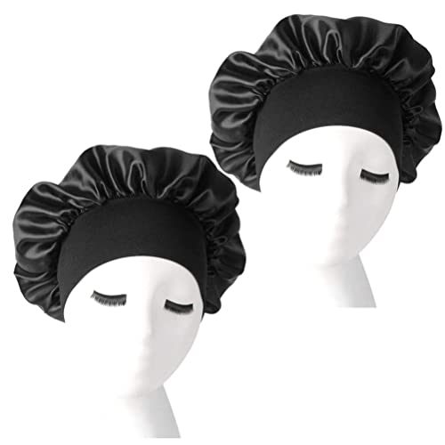 nuoshen 2 Pack Bonnet with Wide Elastic Band, Silky Bonnets Hat Soft Satin Sleeping Head Cover for Night Sleep Curly Hair Protection