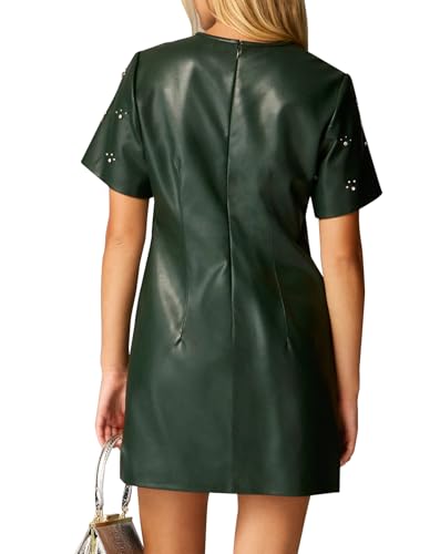 LifeShe Rhinestone Faux Leather Dress for Women Casual Short Sleeve Crew Neck Elegant A-line Mini PU Dresses2