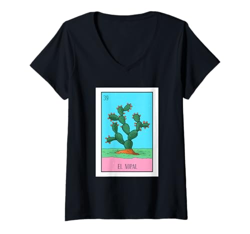 Womens El Nopal Lottery Card Gift The Cactus Card Mexican Lottery V-Neck T-Shirt
