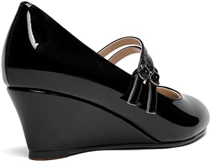 SHOWFOREST Women's Buckle 2 Inch Wedge Patent Uniform Mary Jane Round Toe Adjustable Strap Low Heel Pumps Shoes Black Size 9 - Zapatos de Tacon | Image 4