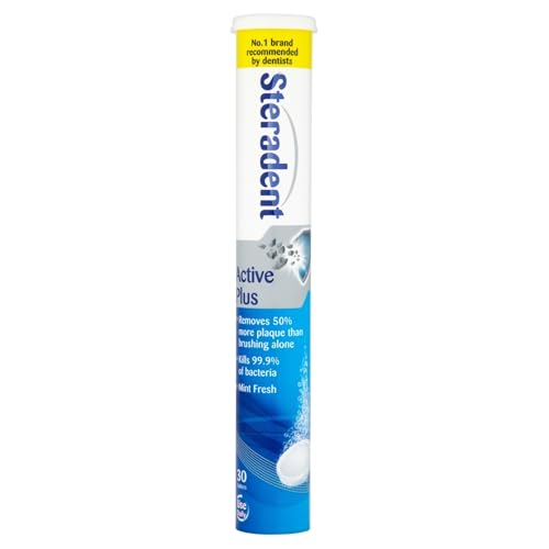 Steradent Active Plus Denture Cleaning Tablets Mint Fresh 30 Count - Plaque Remover Dental Hygiene Cleanser Cleans In 3 Minutes Kills 99.9% Bacteria Care Solution