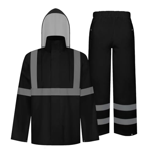 Image of TCCFCCT Hi Vis Jacket and Pants Rain Suit - Waterproof, High Vis Rain Coat with Hood, Safety Work Class 3 Reflective - L-XL Black WP
