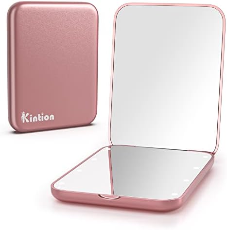 Kintion Pocket Mirror, 1X/3X Magnification LED Compact Travel Makeup Mirror, Compact Mirror with Light, Purse Mirror, Folding, Handheld, Small Lighted Compact Mirror for Gift, Rose Gold