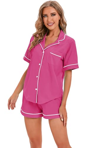 Image of LUBOT 100% Cotton Pajamas for Women 2 Piece PJ Set Button-Down Soft Knit Short Sleeve Summer Sleepwear Loungewear XS-XXL