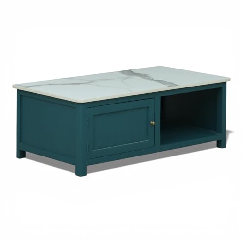 Image of Solid Wood Center Table Premium Sintered Stone Coffee Table for Living Room Wooden Centre Table Premium Acrylic Emerald Green Finish 110 x 60 x 40 cm