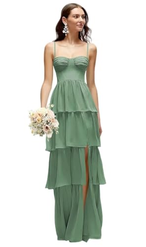 YMSHA Spaghetti Straps Bridesmaid Dresses with Slit A Line Sweetheart Layered Formal Dress YMS435