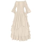 Women Slim Fit Fairy White Dresses Flare Sleeve Gown Glitter Force Osplay Costumes Beige L