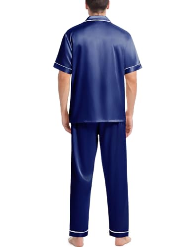 Couples Matching Pajamas Set Silk Satin Short Sleeve Button Down Loungewear with Long Pant4