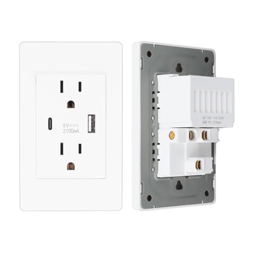 TeJoyce 埋め込みコンセント USB-C USB-A 2ポート 壁面用コンセント AC110‑220V 複数保護 5V 2.1A 取付しやすい 家庭 オフィス ホテル用 電設部品 (ホワイト)